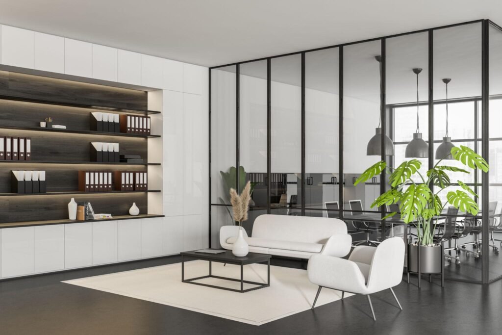 Modern office workspace with minimal furniture and elegant interior styling.