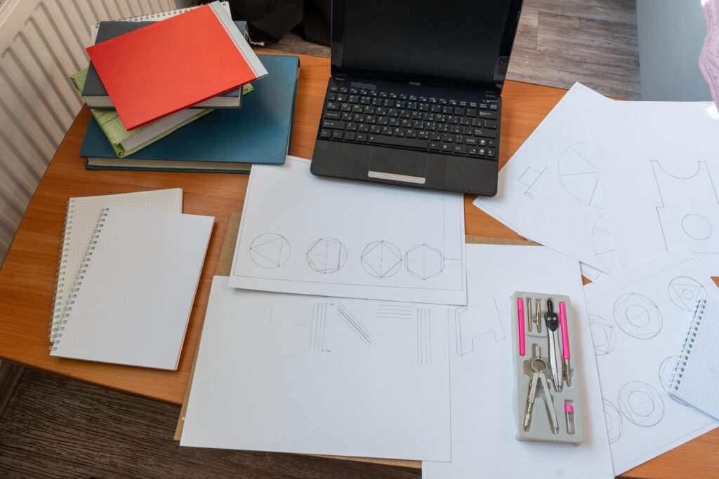 Interior design working drawings with architectural planning and technical layouts.
