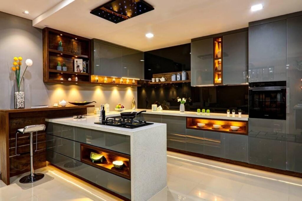 Contemporary modular kitchen with modern cabinets and elegant interior styling.