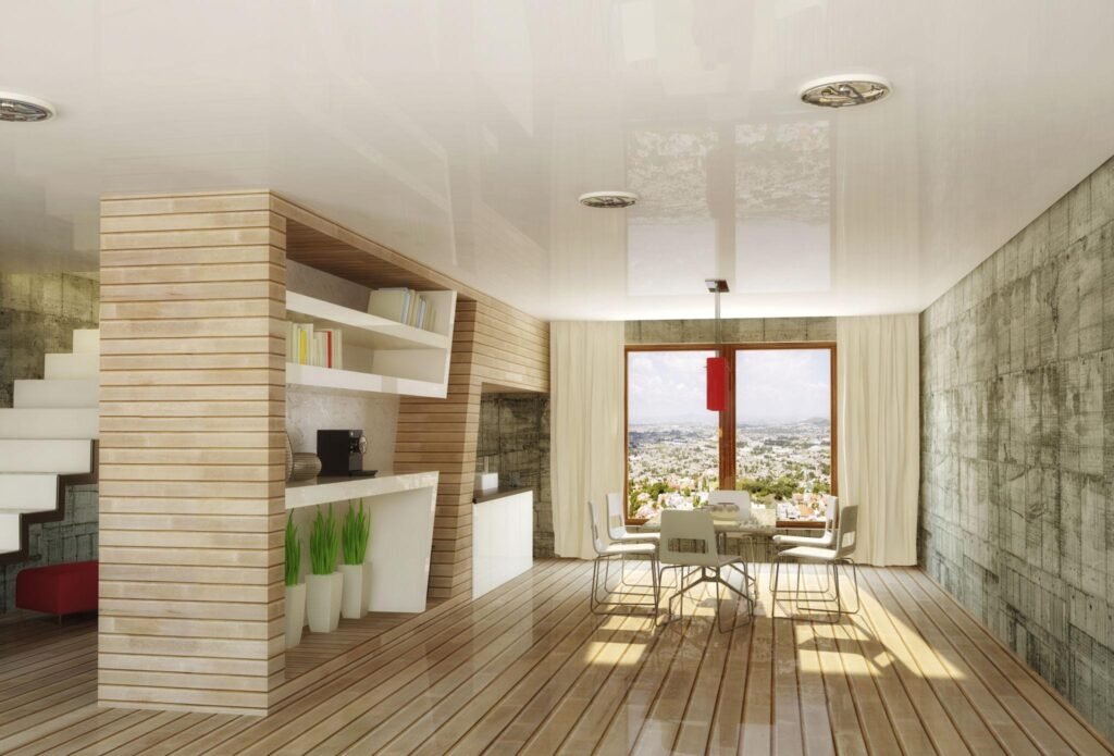 Modern interior space planning with clean furniture layout and minimal styling.