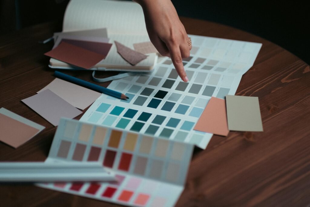 Interior material samples and color palette for contemporary design planning.