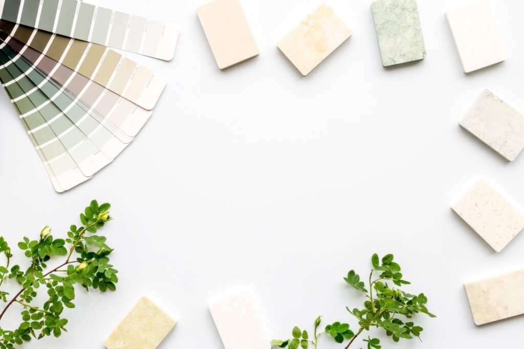 Interior design mood board with color palettes and material inspiration.