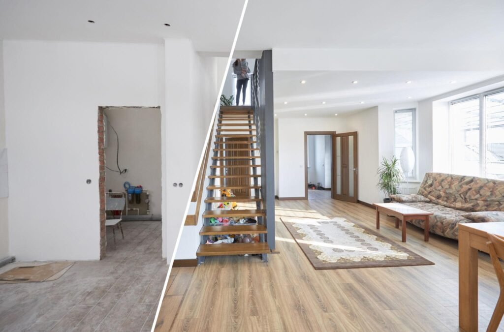 Modern renovated living room interior with elegant and functional styling.