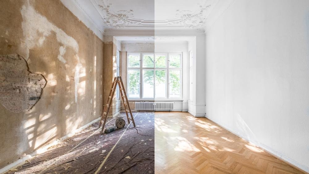 Renovated interior space with modern design elements.